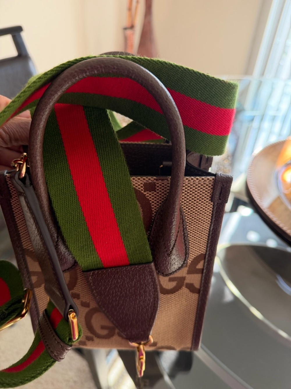 Gucci Brown GG Canvas Mini Tote/Crossbody with Green-Red Strap - Picture 4 of 13